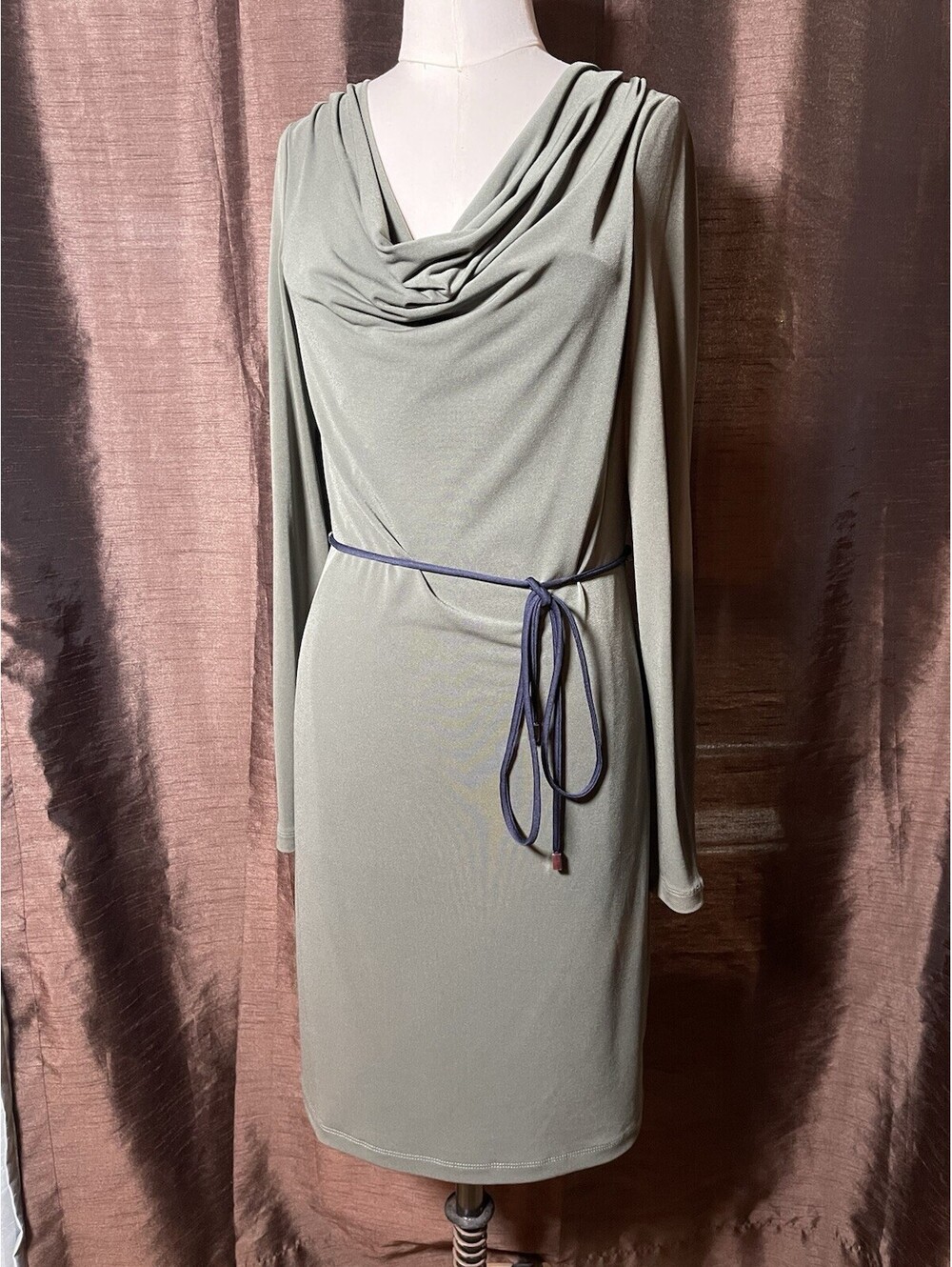Calvin Klein Cowl-Neck Sheath Size 4 Olive Green Long Sleeve